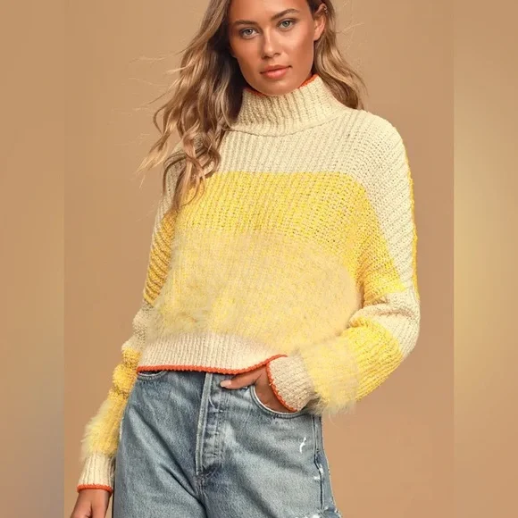 Free People Sunbrite Sweater - Small - women's fuzzy knit yellow cream pullover - Picture 14 of 15